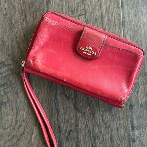 Vintage Coach Red Leather Wristlet Wallet Zip Around